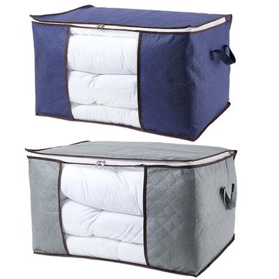 5665 Large Capacity Clothes Storage Bag Organizer with Reinforced Handle Thick Fabric for Comforters, Blankets, Bedding, Foldable with Sturdy Zipper, Clear Window, 2 Pack, Grey and Blue