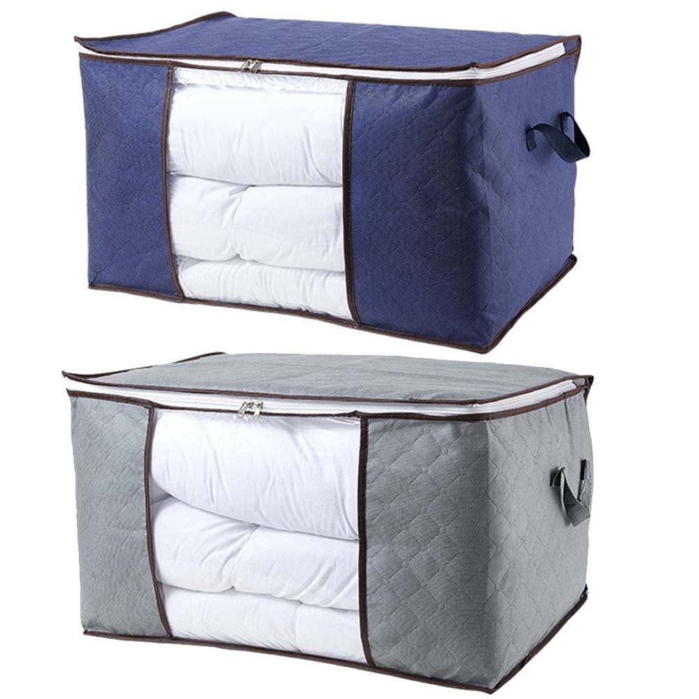 5665 Large Capacity Clothes Storage Bag Organizer with Reinforced Handle Thick Fabric for Comforters, Blankets, Bedding, Foldable with Sturdy Zipper, Clear Window, 2 Pack, Grey and Blue