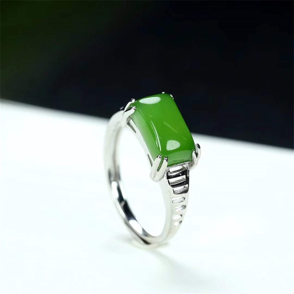 Natural Hand-Carved 925 Silver Gufajin Inlaid Jade Square Ring Fashion Jewelry Men Women Luck Gifts (Gem Color : Green)