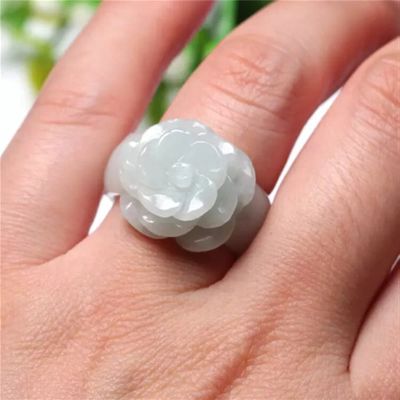 SMDSAZ Natural White Jade Emerald Rose Flower Ring Hand-Carced Chinese Charm Jewelry Gifts for Women (Ring Size : Inner Diameter 20mm)