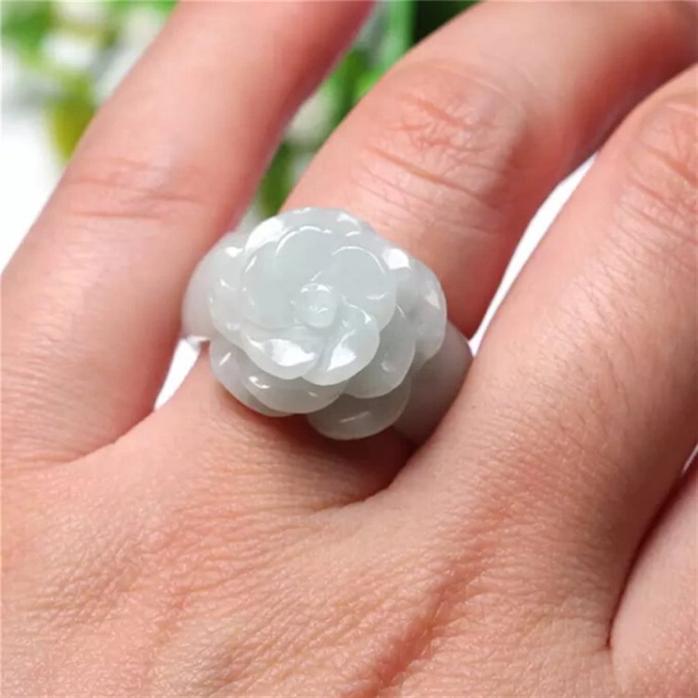 SMDSAZ Natural White Jade Emerald Rose Flower Ring Hand-Carced Chinese Charm Jewelry Gifts for Women (Ring Size : Inner Diameter 20mm)