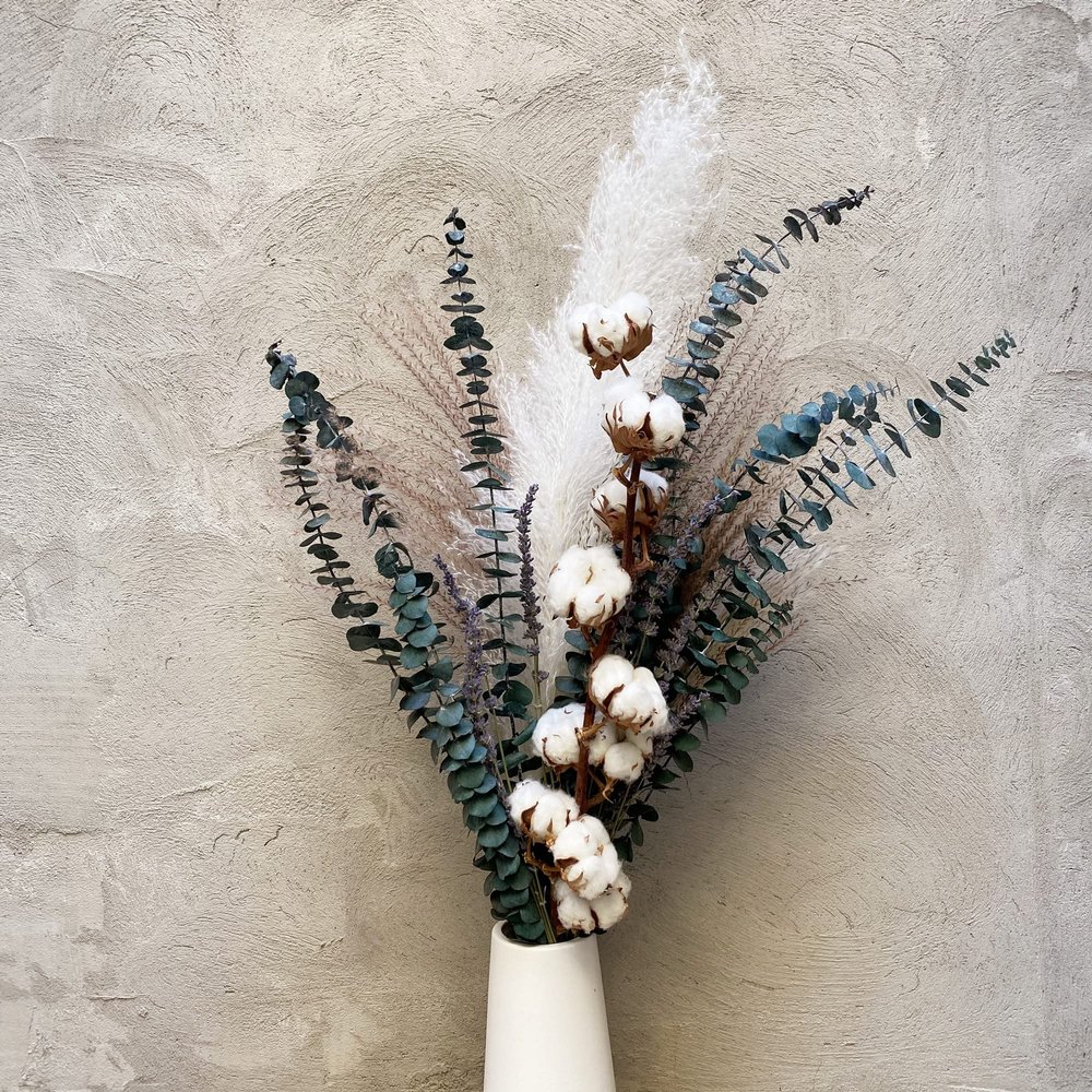 Cotton, Eucalyptus Bouquet, Bohemian Flower Arrangement, vase Home Decoration (Bouquet+Vase D)