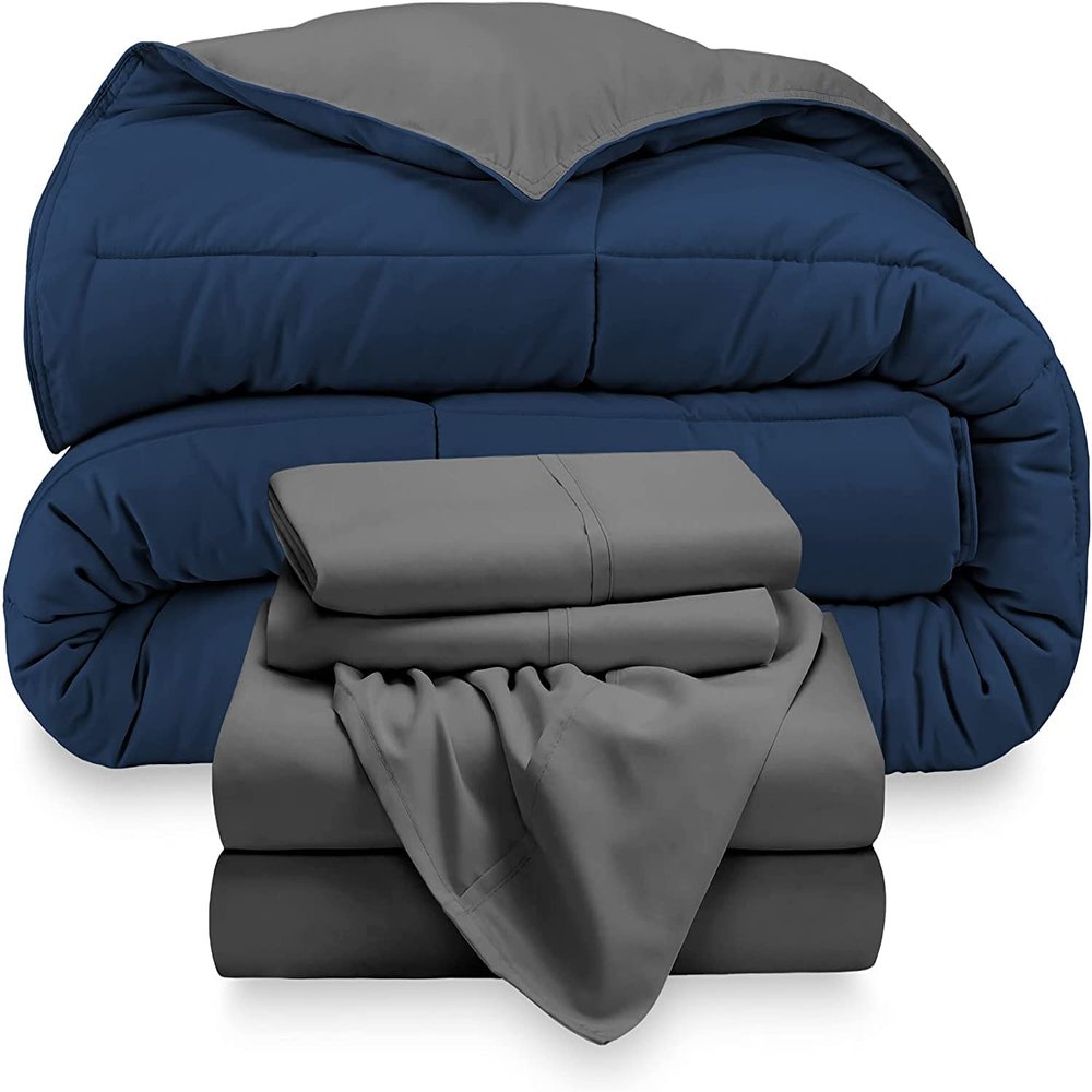 5 Piece Bed-in-A-Bag Box Stitched Comforter & Sheet Set 100% Egyptian Cotton 500 GSM Fill All Season Bedding Sets Down Alternative Reversible Comforter (Twin Size, Navy - Grey/Grey)