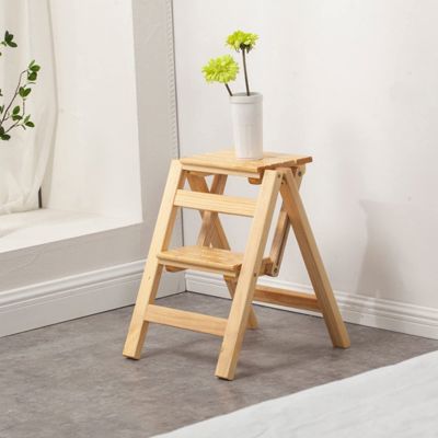 2-Step Ladder Folding Step Stool, Multi-Functional Stairs Chair Library Portable Bookshelf Display Shelf Wooden Stepladder Climbing Ladder