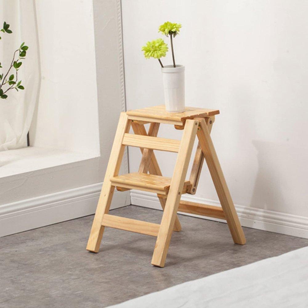 2-Step Ladder Folding Step Stool, Multi-Functional Stairs Chair Library Portable Bookshelf Display Shelf Wooden Stepladder Climbing Ladder