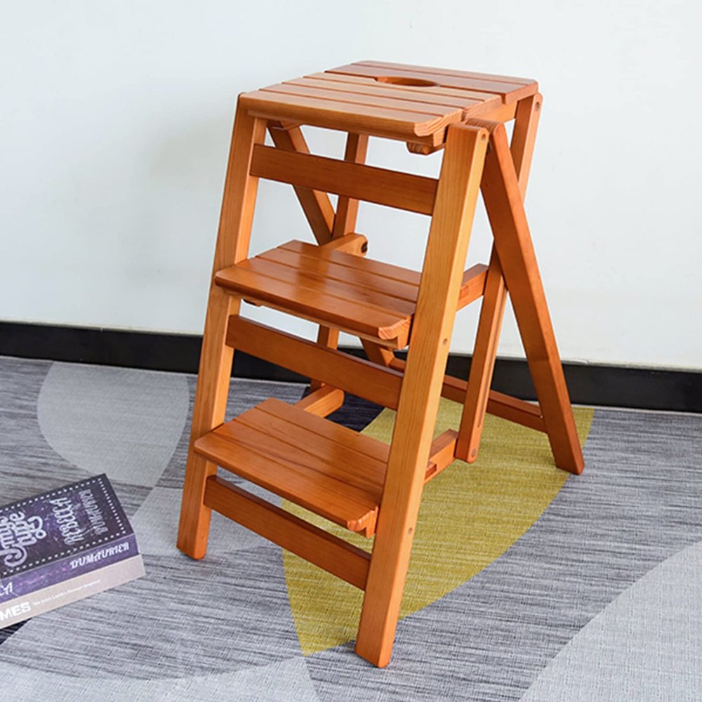 3 Step Stool Folding Ladder Chair, Wooden Stepladders Ladder Stool Portable Stairs Ladder Capacity 150kg Foldable Stairs Chair Stools