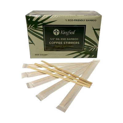 2000 Count | KingSeal Individually Paper Wrapped Bamboo Coffee Stir Sticks, 5.5 Inch, Square End, 100% Renewable and Biodegradable - 4 Boxes x 500 Stirrers
