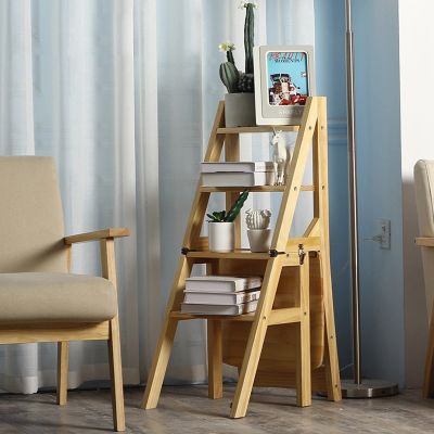 4 Step Ladder Chair Wooden Bookshelf, Foldable Step Stool Stepladder Stairs Chair Plant Stand Display Shelves Dinner Chairs for Office Household Kitchen