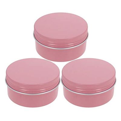 Heyiarbeit 3 Pack 2.7 oz Round Lip Balm Tin Cans - Aluminum Cosmetic Sample Containers with Screw Lid - Pink Metal Empty Tins Storage Travel Tin Jars