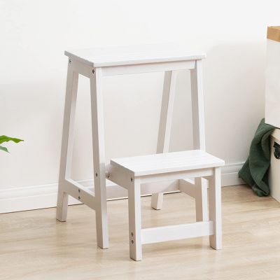 2 Step Flip Stool Wooden Ladder Chair, Portable Ladders Stool Small Foot Stools Safety Non-Slip Tread for Home Library Kitchen Climb Step Ladder, White