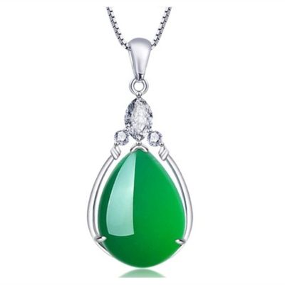 Fashion Natural Green Jade Chalcedony Water Drop Pendant 925 Silver Necklace Carved Charm Jewelry Fashion Amulet Gifts for Women
