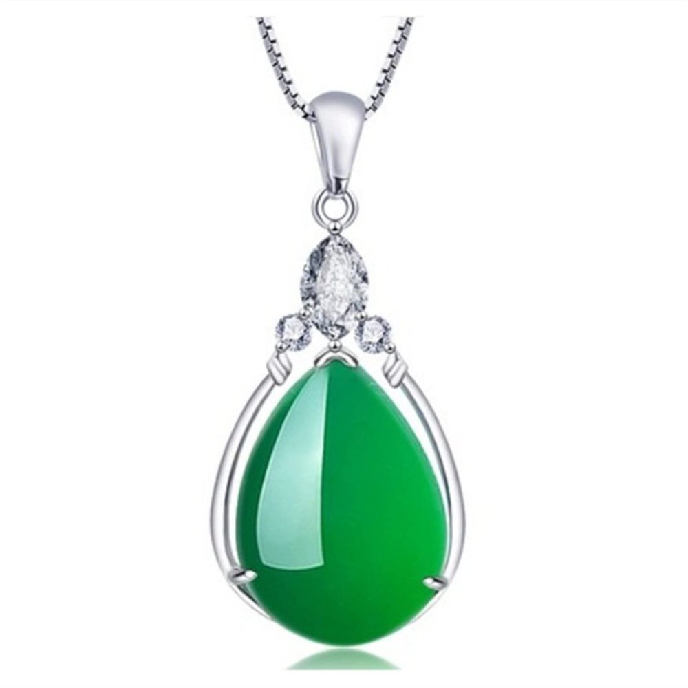 Fashion Natural Green Jade Chalcedony Water Drop Pendant 925 Silver Necklace Carved Charm Jewelry Fashion Amulet Gifts for Women