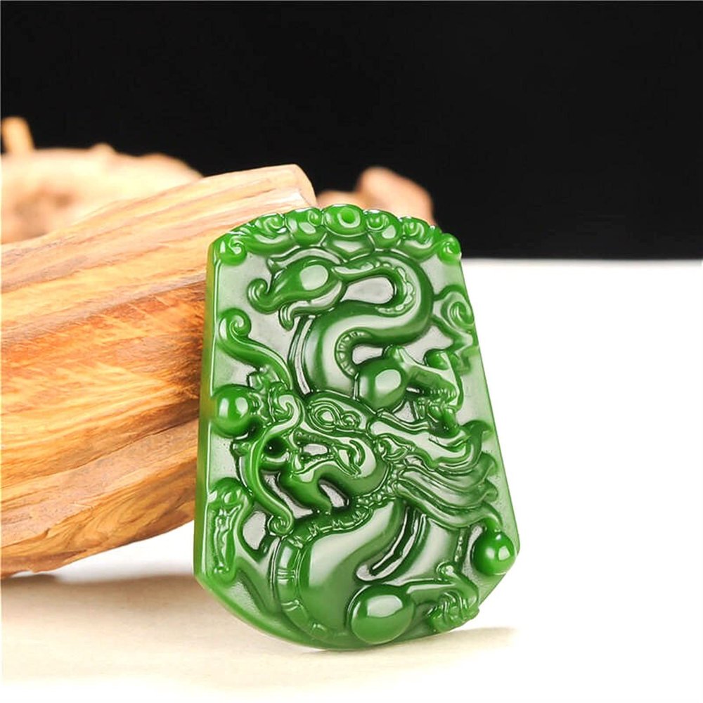 SMDSAZ Hand Carved Dragon Natural Green Jade Pendant Necklace Charm Jadeite Jewellery Amulet Fashion Accessories for Men Women Gifts
