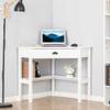 HOMCOM Corner Desk, Triangle Computer Desk with Drawer and Storage Shelves for Small Spaces, Home Office Workstation for Living Room, or Bedroom, White view 2