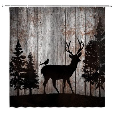 Rustic Deer Shower Curtain Wild Animal Silhouettes Black and Grey Forest Pine Tree Bird Wooden Board Farmhouse Vintage Elk Art Fabric Home Bathroom Decor Set with Hooks67" Wx70 H