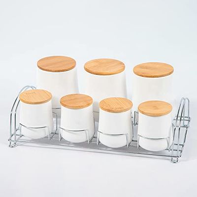 8 Piece Ceramic Canister Jar Set with a Stand and Air tight Bamboo Lids(7 piece of Canister Jar and 1 Stand) (Pure White)