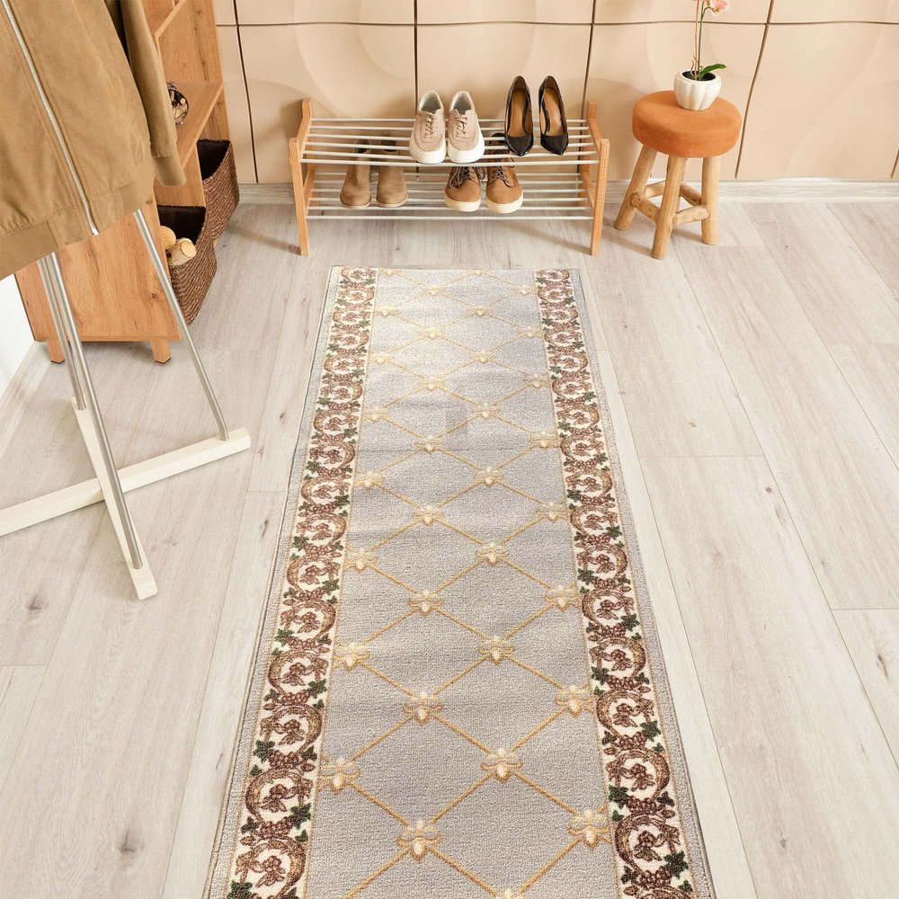 Custom Size Fleur De Lis French Design Beige Color Rubber Backed Non-Slip Hallway Stair Runner Rug Carpet 26 Inch Wide by Your Length 26in x 18ft