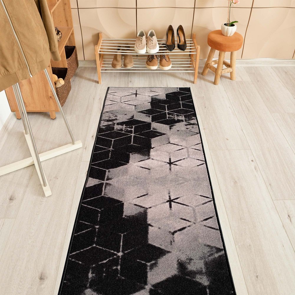 Custom Size Cubes Abstract Design Black Gold Color Rubber Backed Non-Slip Hallway Stair Runner Rug Carpet 26 Inch Wide by Your Length 26in x 18ft