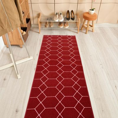 Aspen Design Custom Size Hexagon Trellis Design Red Color Rubber Backed Non-Slip Hallway Stair Runner Rug Carpet 26 Inch Wide by Your Length 26in x 18ft