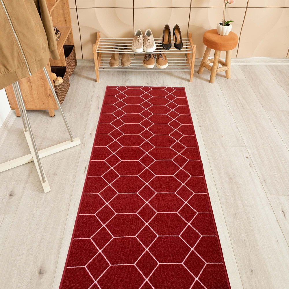 Aspen Design Custom Size Hexagon Trellis Design Red Color Rubber Backed Non-Slip Hallway Stair Runner Rug Carpet 26 Inch Wide by Your Length 26in x 18ft