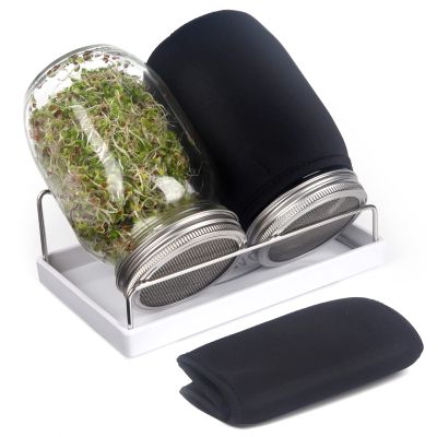 Sprouting Jar Kit-2 Wide Mouth Quart Mason Jars with 316 Stainless Steel Screen Sprout Lids, Drip Tray, Stand | Seed Sprouter Set for Growing Broccoli, Alfalfa, Mung Bean