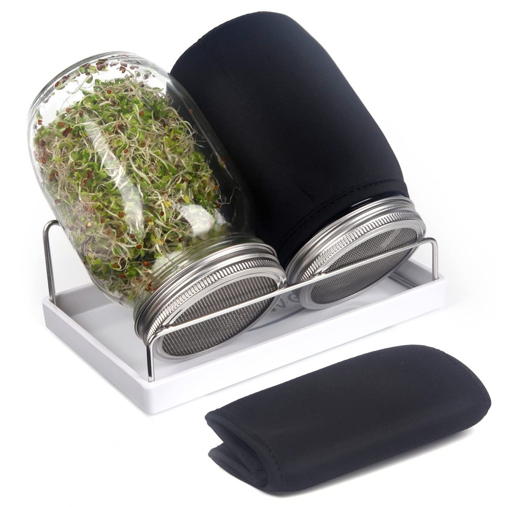 Sprouting Jar Kit-2 Wide Mouth Quart Mason Jars with 316 Stainless Steel Screen Sprout Lids, Drip Tray, Stand | Seed Sprouter Set for Growing Broccoli, Alfalfa, Mung Bean