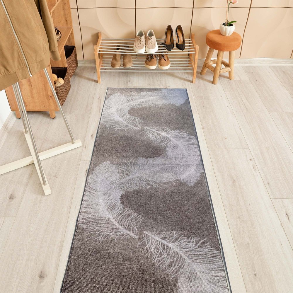 Custom Size Feather Design Gray Color Rubber Backed Non-Slip Hallway Stair Runner Rug Carpet 26 Inch Wide by Your Length 26in x 18ft