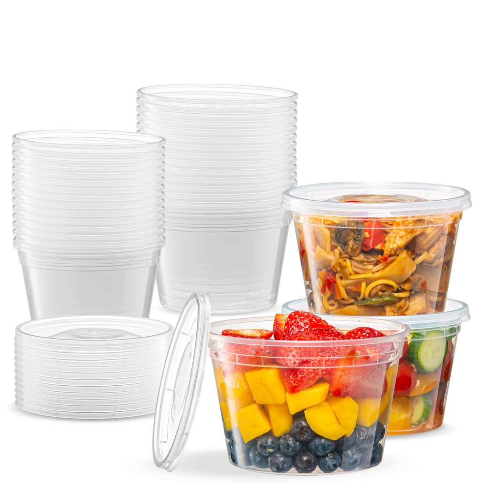ELEGANT DISPOSABLES 16 OZ - 24 Sets Plastic Deli Food Storage Containers with Airtight Flexible Lids Microwavable, Leak Free, Washable, Freezer Safe.