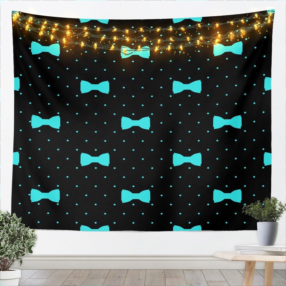 Blue Bow Print Tapestry Dot Design Wall Blanket Tapestries, Cartoon Wave Point Wall Hanging for Kids Teens Adult Room Decor,Black Home Wall Decor, Large 59.1 x 82.7 Inches