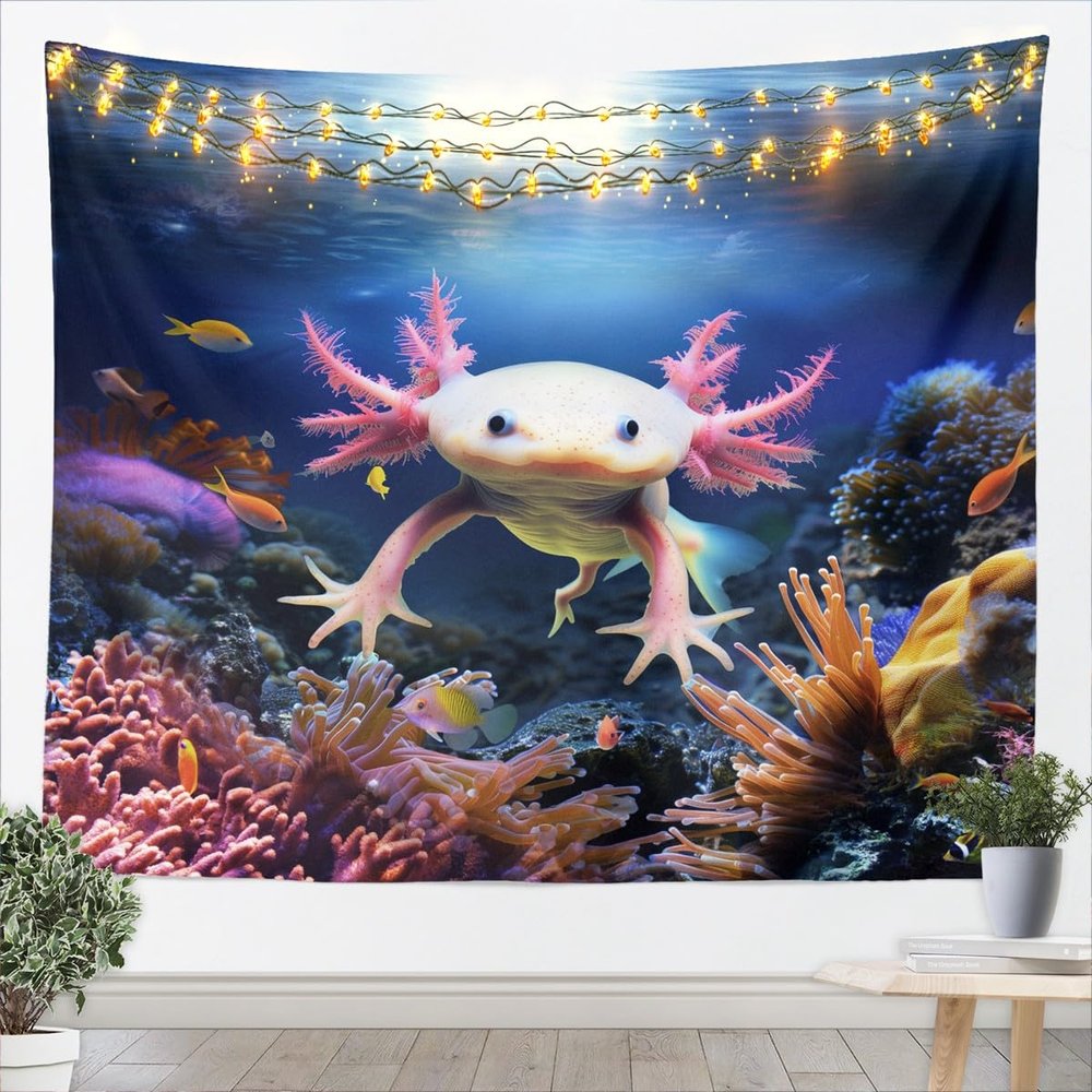 Homewish Cute Axolotl Tapestry Fish Marine Life Wall Hanging for Kids Teens Girls Room Decor, Cartoon Animal Theme Wall Blanket Tapestries Sea Blue Wall Art Hanging, Medium 59.1 x 59.1 Inches