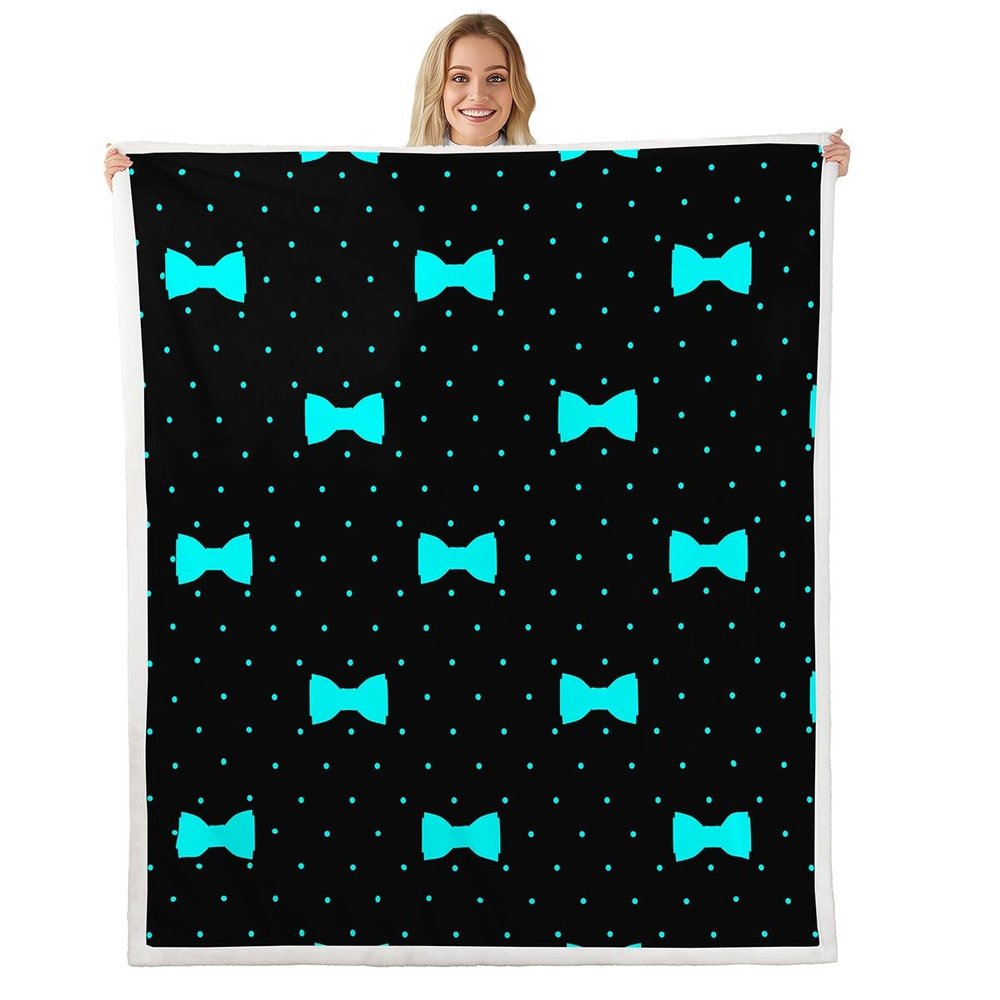 Blue Bow Print Throw Blanket Dot Design Fleece Blanket, Cartoon Wave Point Bed Blanket for Kids Teens Adult Room Decor,Black Flannel Blanket, 40 x 50 Inches