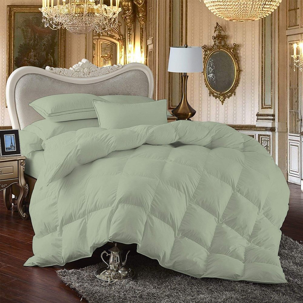 100% Egyption Cotton Goose Down and Feather Filling Comforter 500 GSM Fill Power Buffy Overfilled All Season Sage-Queen/Full Size Soft Quilted with Corner Tabs, Winter Warm Fluffy(1 Piece)