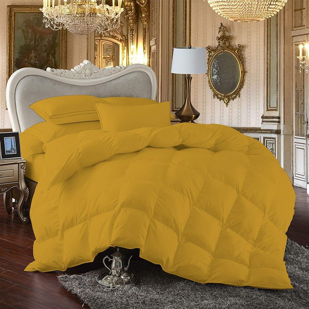 100% Egyption Cotton Goose Down and Feather Filling Comforter 500 GSM Fill Power Buffy Overfilled All Season Gold-Queen/Full Size Soft Quilted with Corner Tabs, Winter Warm Fluffy(1 Piece)
