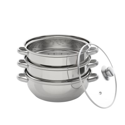 3 Tier Stainless Steel Steamer Stock Pot with Glass Lid, Vegetable Steamer Pan for Vegetable Meat Food Dumpling Steamers for Cooking Pot Set with 1 Port and 2 Steam Lattice