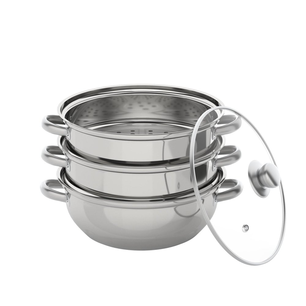 3 Tier Stainless Steel Steamer Stock Pot with Glass Lid, Vegetable Steamer Pan for Vegetable Meat Food Dumpling Steamers for Cooking Pot Set with 1 Port and 2 Steam Lattice