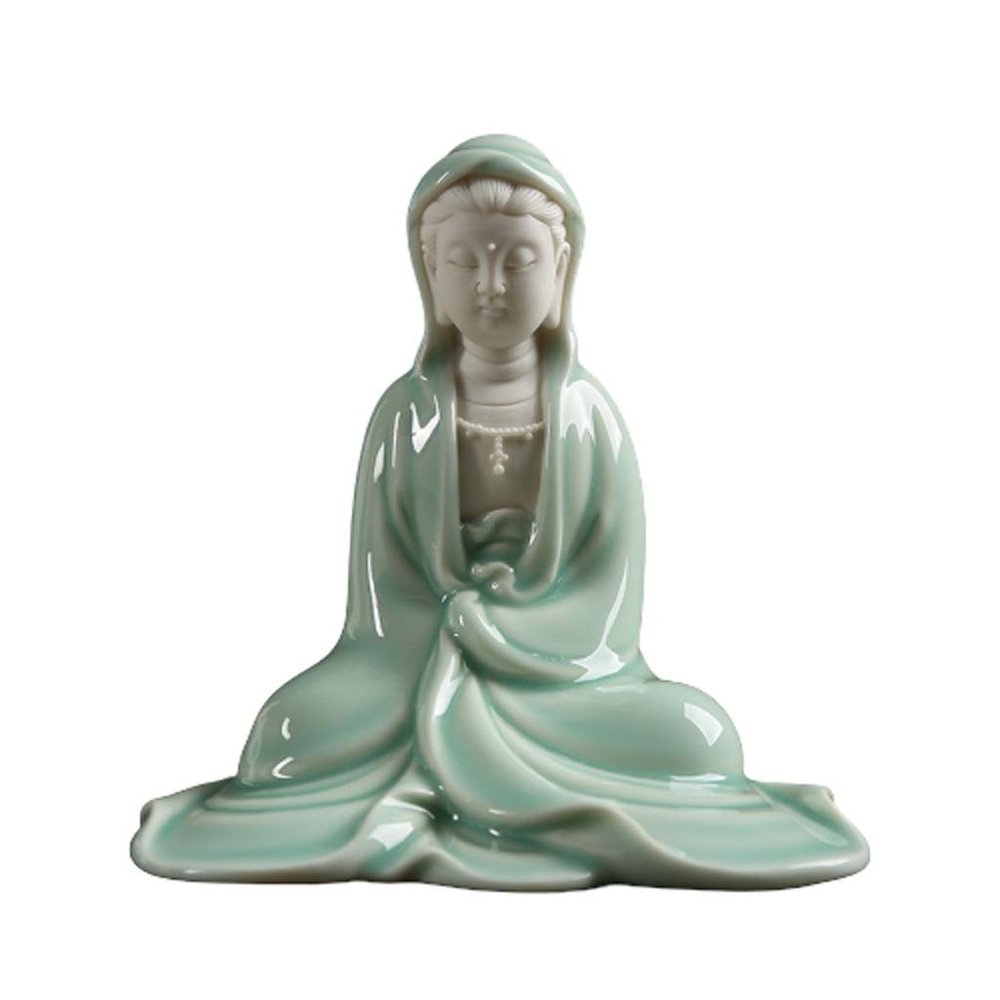 Buddha Statue Ceramic Zen Buddha Sculpture South China Sea Guanyin Sitting Buddha Crafts Exquisite Creative Decor (Color : Green)