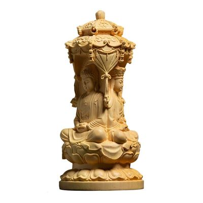 Buddha Statue Boxwood Carvings Zen Buddha Three Face Sakyamuni Sitting Buddha Wood Sculpture Figurines Meditation Decor Crafts (Color : Yellow)