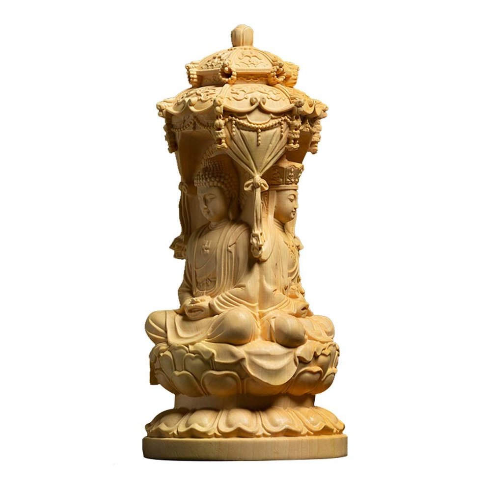 Buddha Statue Boxwood Carvings Zen Buddha Three Face Sakyamuni Sitting Buddha Wood Sculpture Figurines Meditation Decor Crafts (Color : Yellow)