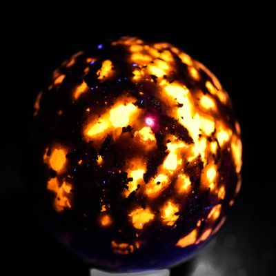 44mm 125g Yooperlite Syenite Sodalite Sphere Golden Fluorescent Under UV Polished Natural Gemstone Crystal Mineral Ball - China + Stand + 365nm, 3W UV Flashlight w/Optical Filter
