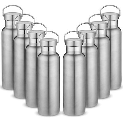 Neihepal 20 oz Insulated Water Bottles Bulk 8 Pack,Stainless Steel Double Wall Sport Bottle with Lid of Handle,Metal Reusable Thermoses Flask with Cup Cap for School,Hikers,Gift (Silver,Set of 8)