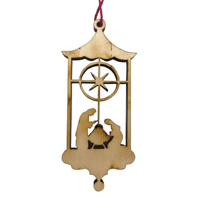 Brown Detailed Laser Cut Wooden Nativity Manger Story Scene Ornament with Red String for Hanging, Wood Religious Holiday Ornaments for Christmas Trees and Gifts, 2.75 Inches