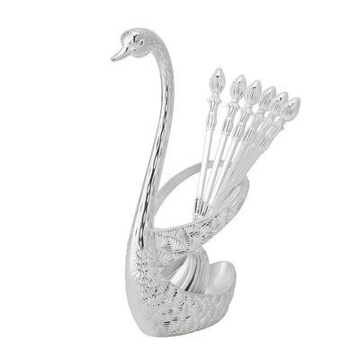 6 Metal Coffee Dessert Spoon Set Stainless Steel Creative Dinnerware Fruit Flatware Swan Base Holder Organizer with Spoons silver