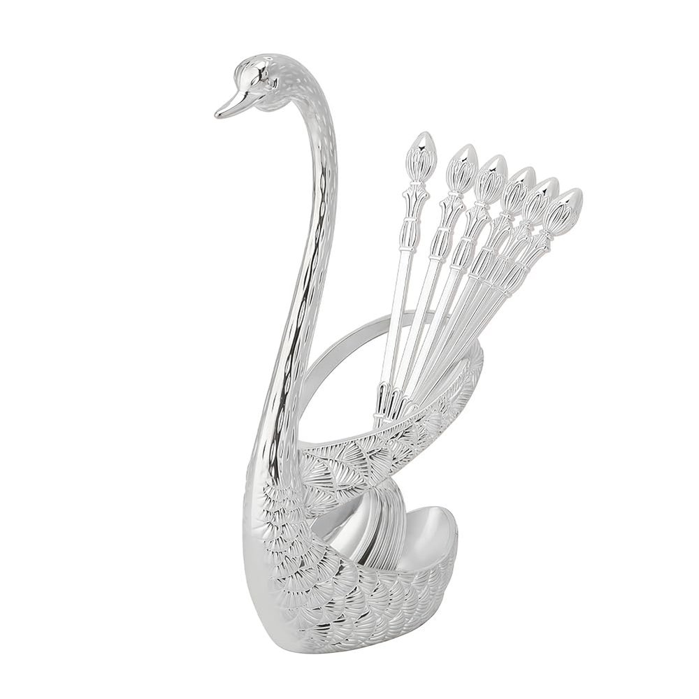 6 Metal Coffee Dessert Spoon Set Stainless Steel Creative Dinnerware Fruit Flatware Swan Base Holder Organizer with Spoons silver