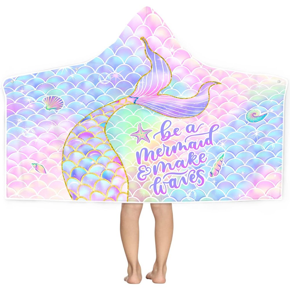 Bonsai Tree Mermaid Beach Towel, Mermaid Tail Towel for Girls with Hood, Kids Bath Hooded Poncho 30" x 50", Pink Scales Microfiber Absorbent Soft Bath Poncho Bathrobe for Swin Pool