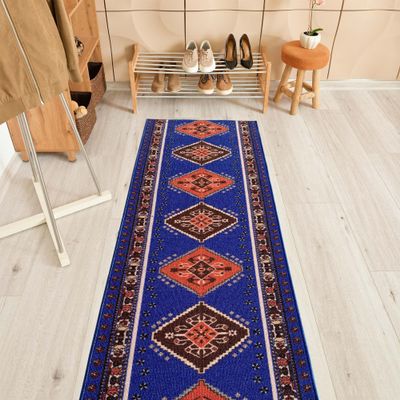 Custom Size Southwestern Design Blue Color Rubber Backed Non-Slip Hallway Stair Runner Rug Carpet 26 Inch Wide by Your Length 26in x 18ft