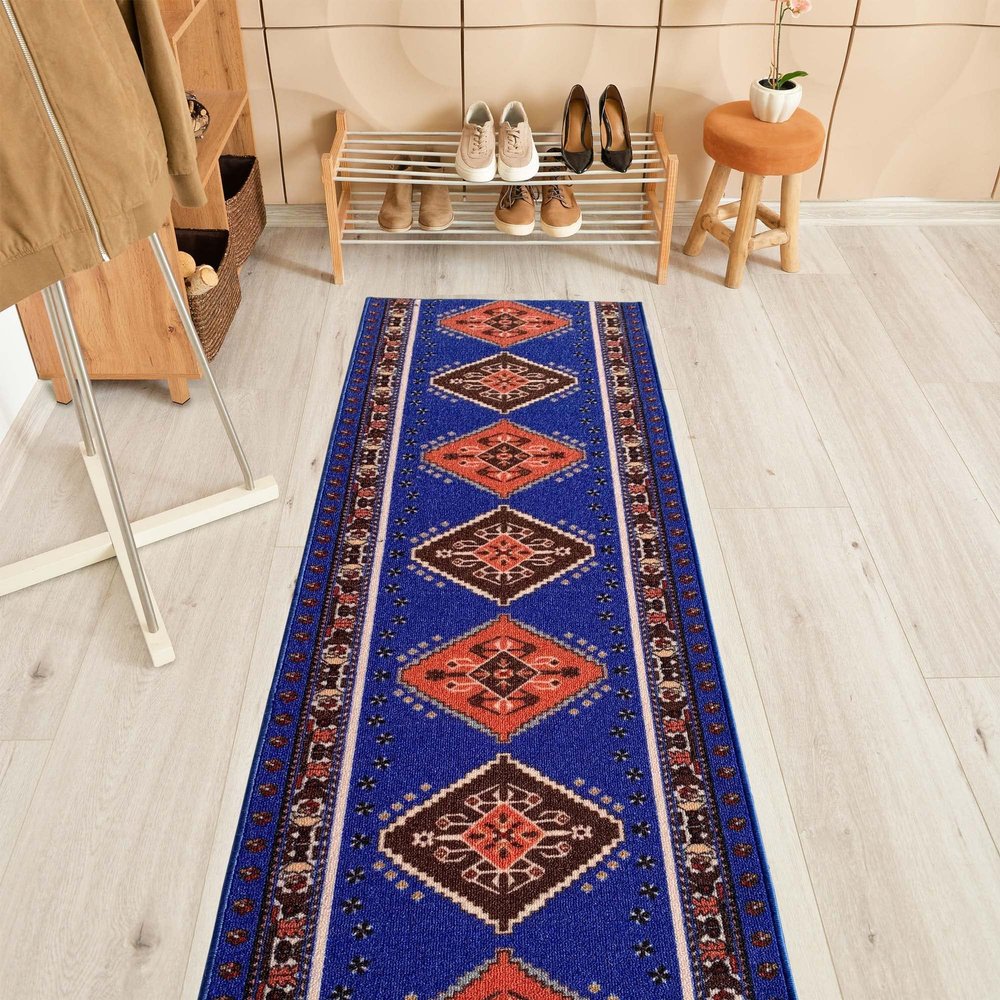 Custom Size Southwestern Design Blue Color Rubber Backed Non-Slip Hallway Stair Runner Rug Carpet 26 Inch Wide by Your Length 26in x 18ft