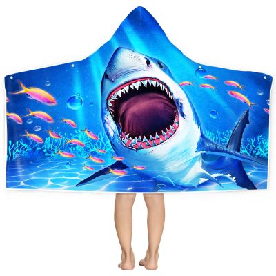 Bonsai Tree Shark Beach Towel, Shark Towel for Kids with Hood, Ocean Fishes Hooded Towel for Boys 30" x 50", Funny Sea Animals Microfiber Absorbent Soft Bath Towel Poncho Bathrobe for Swin Pool