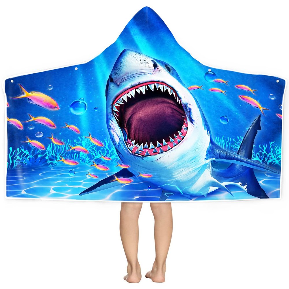 Bonsai Tree Shark Beach Towel, Shark Towel for Kids with Hood, Ocean Fishes Hooded Towel for Boys 30" x 50", Funny Sea Animals Microfiber Absorbent Soft Bath Towel Poncho Bathrobe for Swin Pool