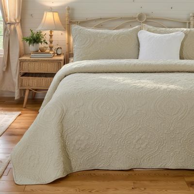 Brandream King Size Quilt Set Cotton Beige Quilts Farmhouse Damask Matelasse Coverlet Set Quilted Comforter Set 3-Piece