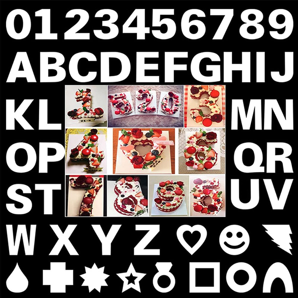 CareforYou 8 inch Alphabet Cake Stencils Letter Stencil A-Z 26Pcs,0-9 Number Cake Templates 10Pcs,Heart/Five-Pointed Star/Square/Rainbow/Big Ring Template Mold Heart Shape Mold(47pcs)